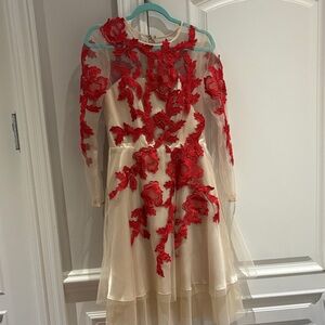 Elegant Red Floral  embroidered tulle Dress with champagne lining . Exquisite